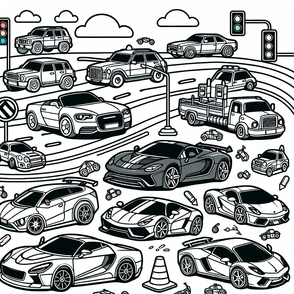 Imaginer une scène animée avec plusieurs voitures de différentes formes, tailles et modèles. Il pourrait y avoir des berlines modernes, des voitures de sport élégantes, des cabriolets amusants, des 4x4 robustes et même quelques voitures de course rapides. Pour rendre la scène plus vivante, ajoutez une route sinueuse, un feu de signalisation, un panneau stop, et bien sûr, des feux de signalisation colorés. Enfin, n'oubliez pas de placer quelques conducteurs et passagers dans les voitures.