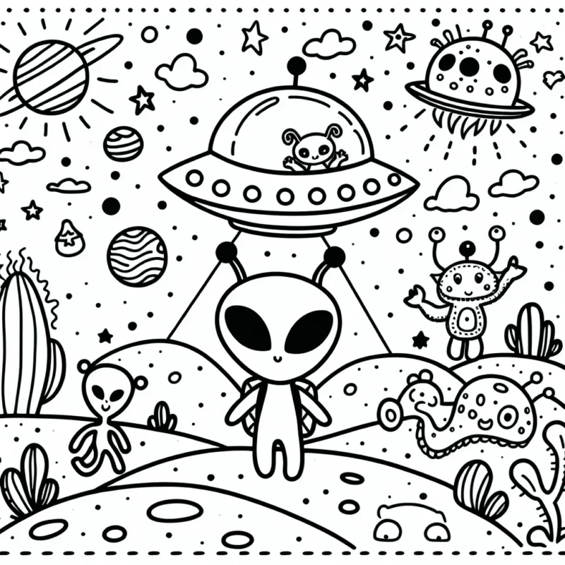 Un petit alien rigolo sur sa nouvelle planète, avec sa soucoupe volante et divers personnages extraterrestres.