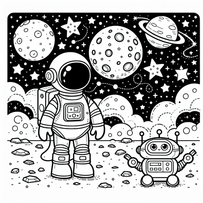 Un petit astronaute explore la lune avec son fidèle robot lors d'une mission spatiale. Ils découvrent des étoiles scintillantes, des cratères gigantesques et l'immensité de la galaxie. Que de merveilles à découvrir et à colorer !