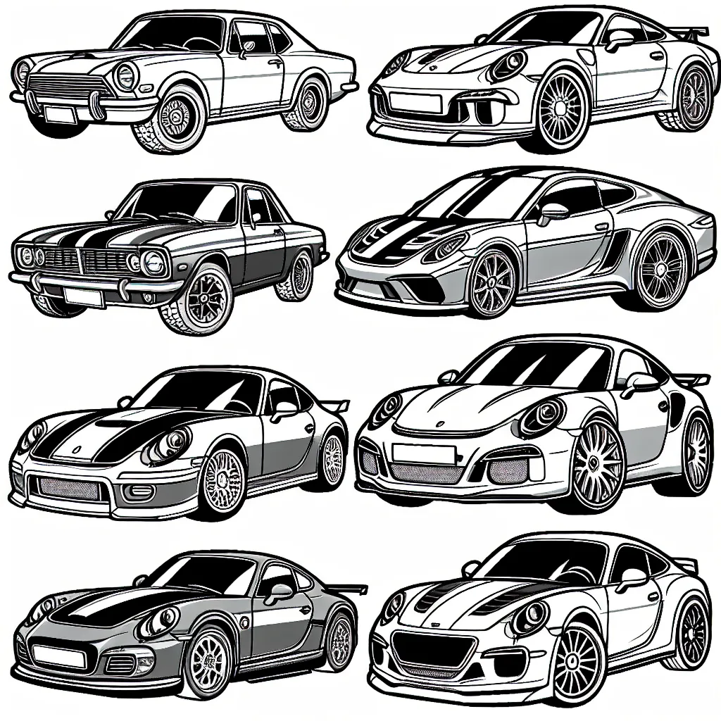 Une page remplie de différentes marques de voitures attend d'être colorée. Les voitures sont variées, allant de classiques populaires à des modèles de sport de luxe. Chaque voiture possède son logo qui peut aussi être coloré.