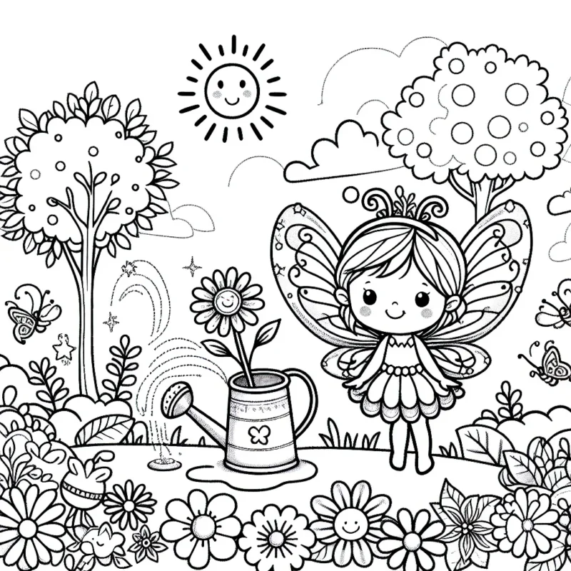 Dans le jardin enchanté, dessine une petite fée avec de belles ailes, un arrosoir magique et un parterre de fleurs aux mille couleurs. N'oublie pas le soleil souriant dans le ciel bleu et les petits animaux qui vivent dans ce paysage merveilleux.