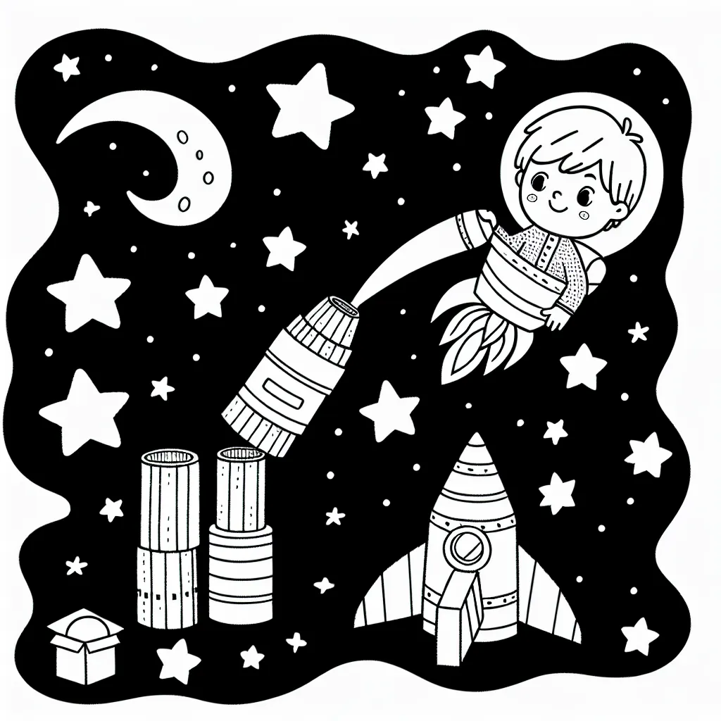 Un petit garçon voyage à travers les étoiles à bord de sa fusée spatiale construite à partir de cartons recyclés.