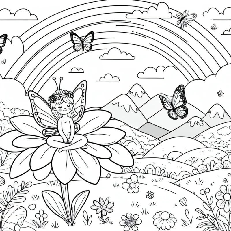 Retrouve-toi dans le royaume de la fée des fleurs avec cette image à colorier. Elle est assise sur une grande fleur entourée de papillons. Il y a également un arc-en-ciel au loin. Utilise tes couleurs préférées pour donner vie à ce monde féerique.