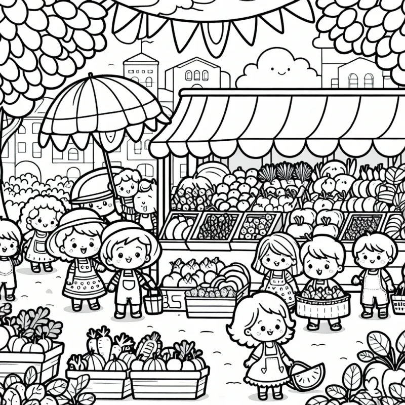 Une scène de marché local en plein air par un après-midi ensoleillé. Les stands sont remplis de fruits, de légumes et de fleurs fraîches. Des personnages animés vont et viennent, faisant leurs achats. Au fond, les enfants jouent près d'un arbre avec un grand cerf-volant coloré.