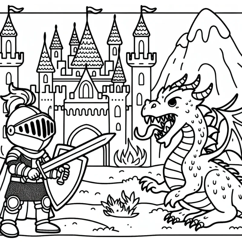 Un brave petit chevalier protégeant son imposant château de l'attaque d'un dragon féroce et cracheur de feu