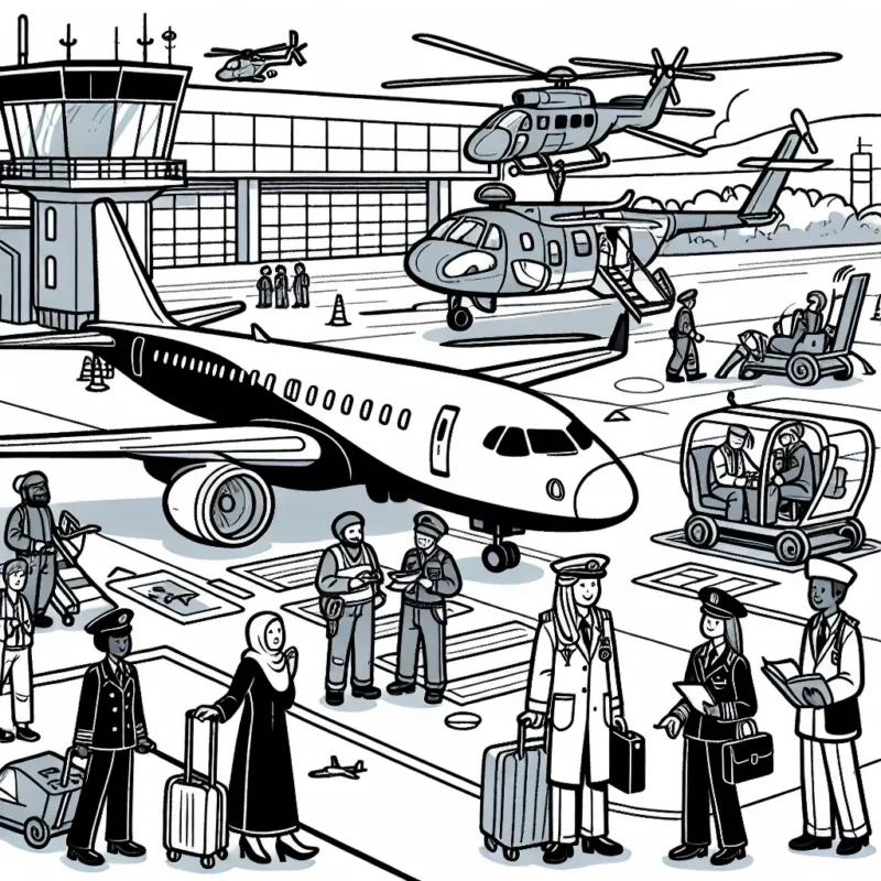 Un dessin plein de détails d'un aéroport animé, avec des avions, des hélicoptères, des pilotes et des équipes au sol.