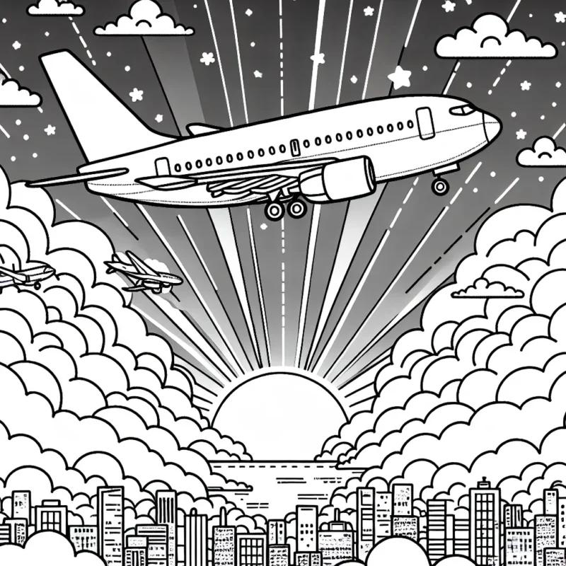 Un avion de ligne magnifiquement détaillé survolant les nuages ​​avec le lever du soleil en arrière-plan se prépare à atterrir dans une ville animée illuminée. Plusieurs petits avions sont également visibles dans le ciel lointain.