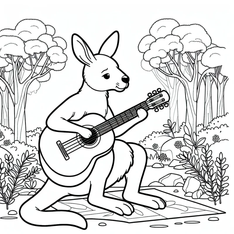 Un kangourou joueur de guitare en pleine forêt australienne