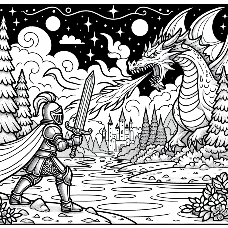 Imagine un scène épique entre un chevalier courageux brandissant son épée et un dragon cracheur de feu dans un paysage enchanté.