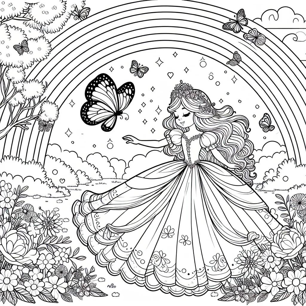 Une princesse en robe élégante danse avec un papillon magique dans un jardin fleuri sous un arc-en-ciel brillant