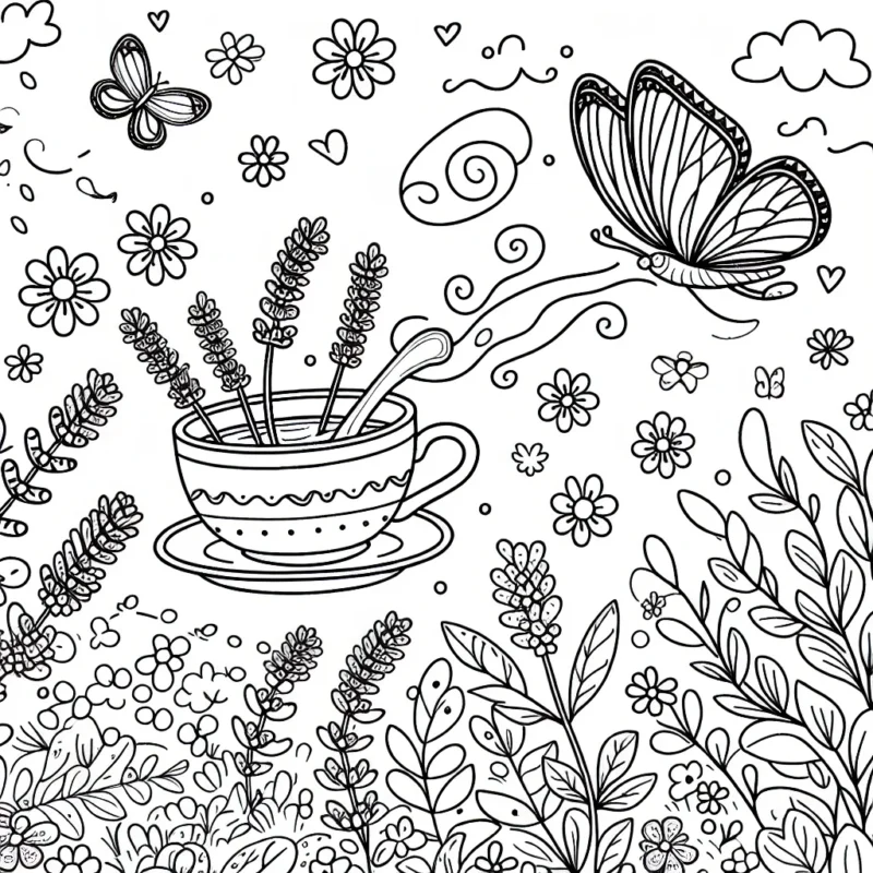 Une tasse volante de thé à la lavande se promène dans un jardin magique rempli de fleurs et de papillons.