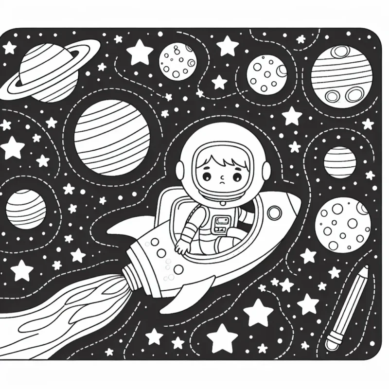 Un jeune astronaute voyageant à travers la galaxie sur un vaisseau spatial avec diverses planètes et étoiles à colorier
