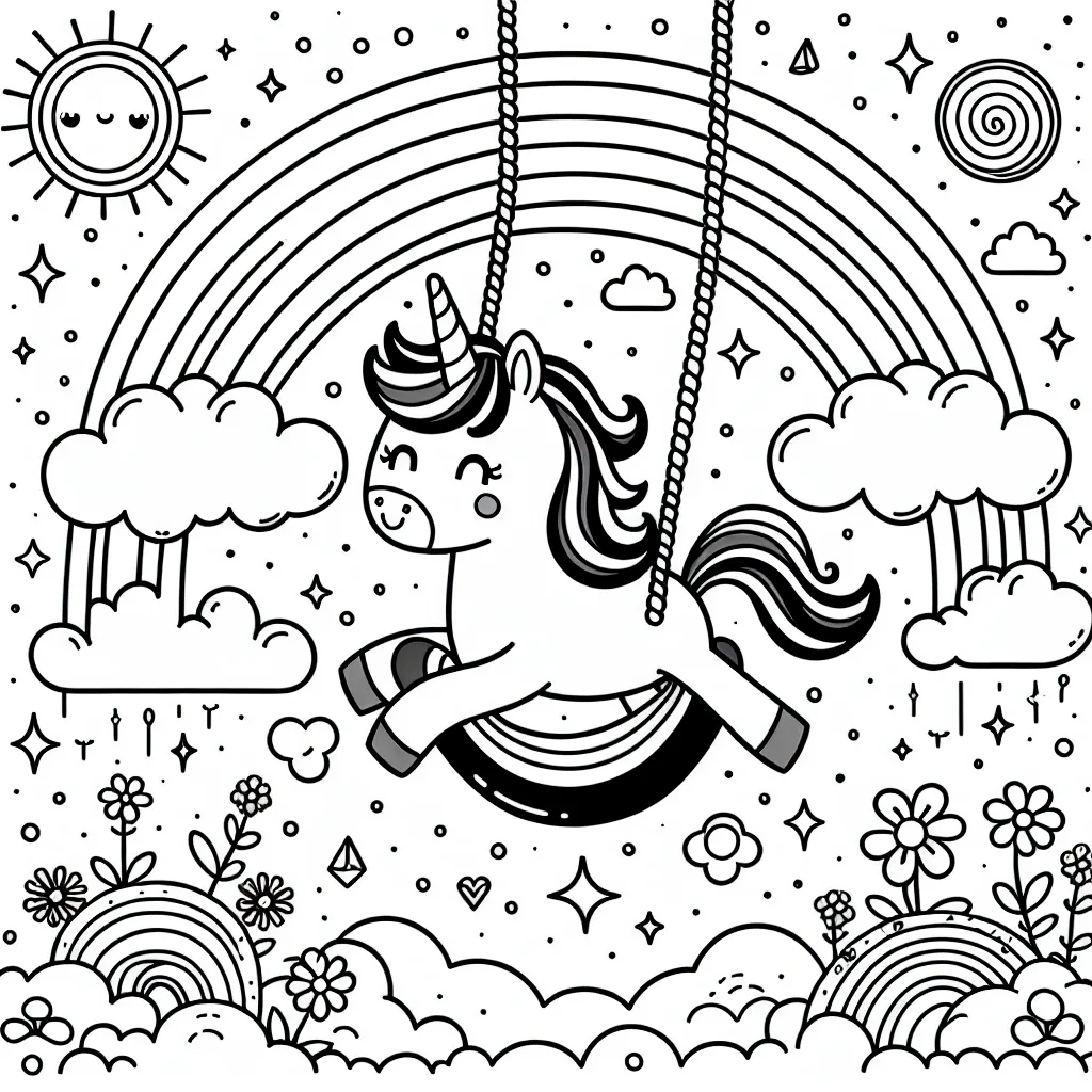 Dans un monde féérique plein de douceurs et de magies, dessine une petite licorne se balançant au-dessus des nuages, autour d'un arc-en-ciel lumineux.