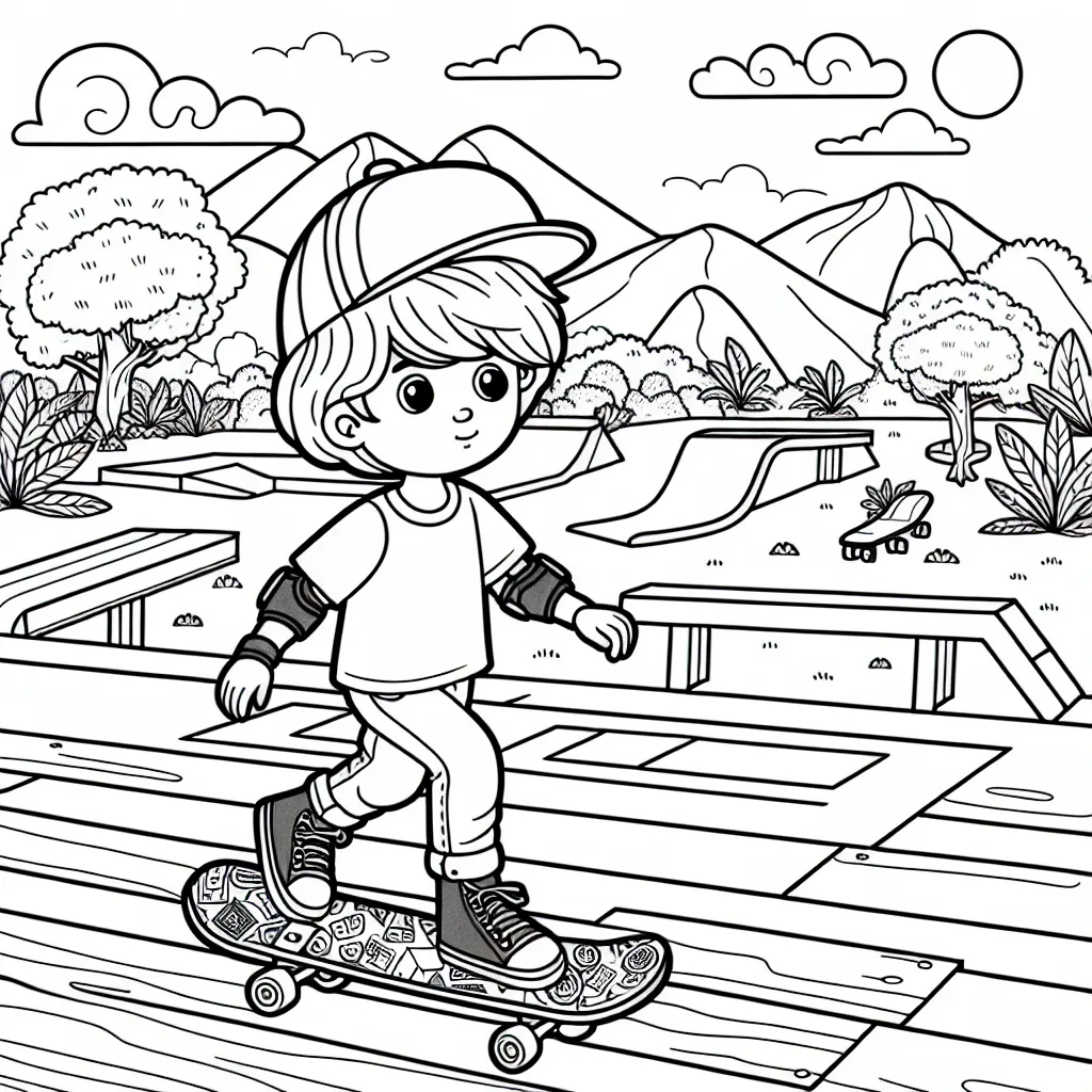 Dessine un garçon faisant du skateboard dans un parc de skateboard vibrant, avec des montagnes à l'arrière-plan et un magnifique coucher de soleil. Pense à colorier le skateboard avec des couleurs vives et à ajouter des détails comme les autocollants sur le skateboard, l'équipement de sécurité du garçon, et les arbres et les plantes autour du parc de skateboard.