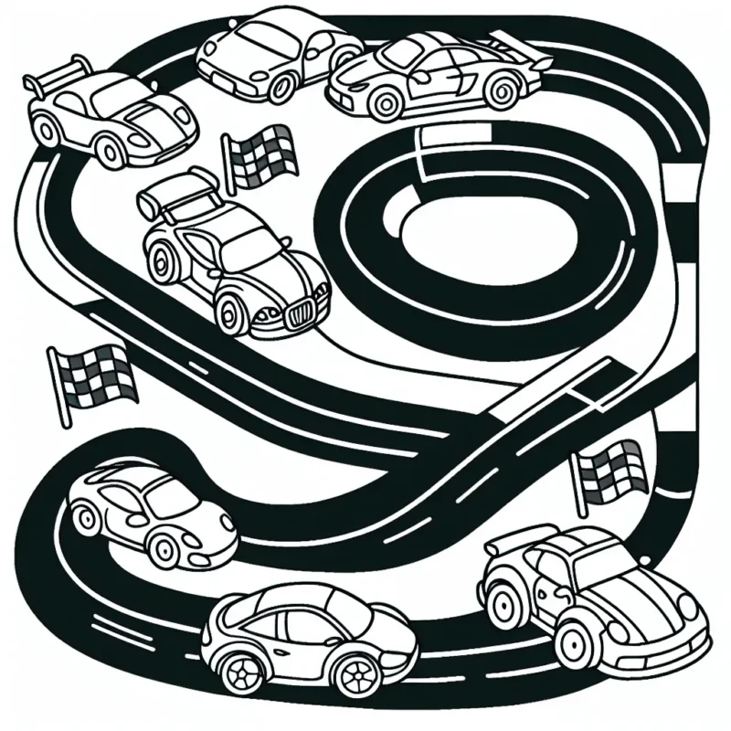 dessiner une course palpitante entre différents types de voitures sur une piste de course sinueuse