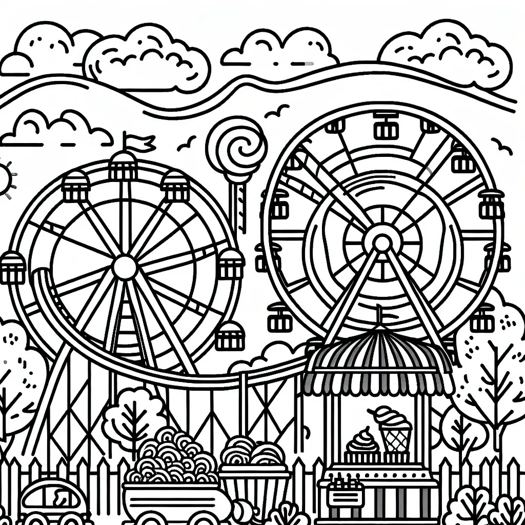 Dessine ton propre parc d'attractions avec des montagnes russes, une grande roue, un carrousel et quelques stands de barbe à papa et de popcorn ! N'oublie pas les visiteurs, les arbres et les feuilles aux alentours. Joue avec les couleurs pour rendre chaque attraction unique.