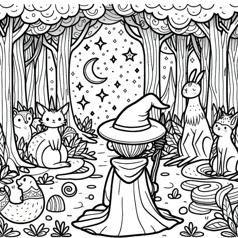 Un jeune magicien en pleine forêt enchantée, entouré d'animaux fantastiques