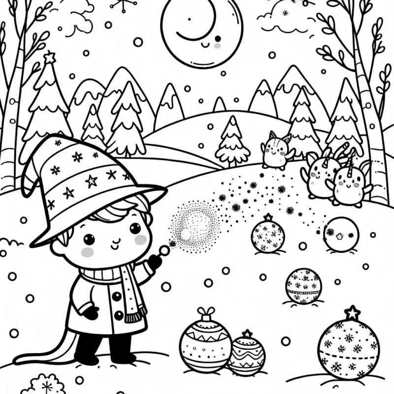 Un petit sorcier lance des boules de neige enchantées à ses amis magiques dans un paysage hivernal enchanté.