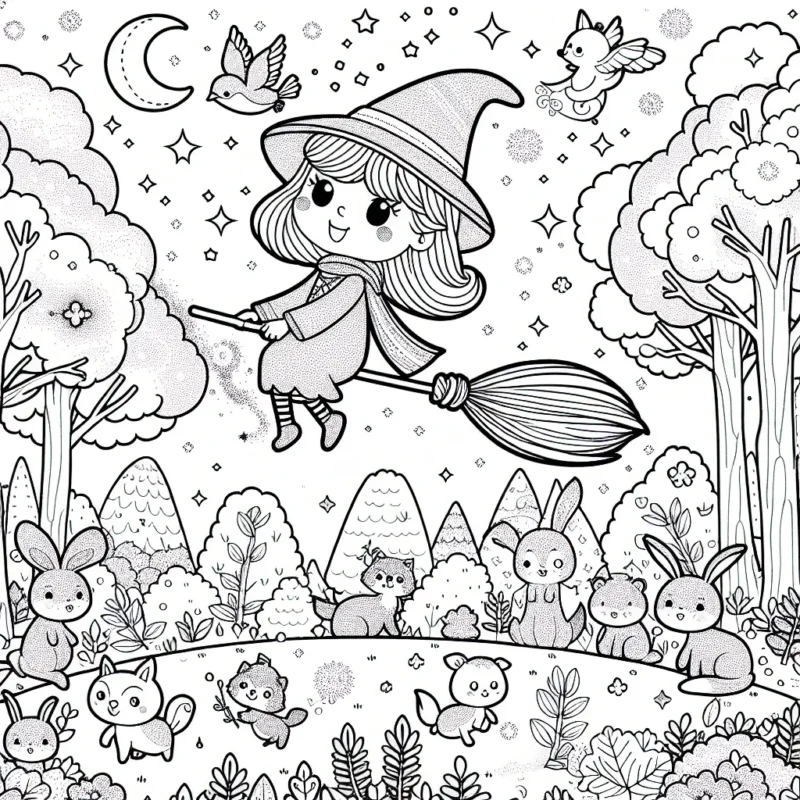 Une petite sorcière sur son balai magique vole au-dessus d'une forêt enchantée, remplie d'adorables animaux de la forêt. Pendant qu'elle vole, elle sème des paillettes magiques qui changent les couleurs de l'automne en printemps.