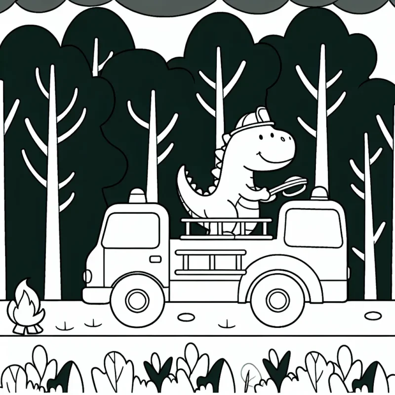 Dessine un dinosaure conduisant un camion de pompier dans une forêt