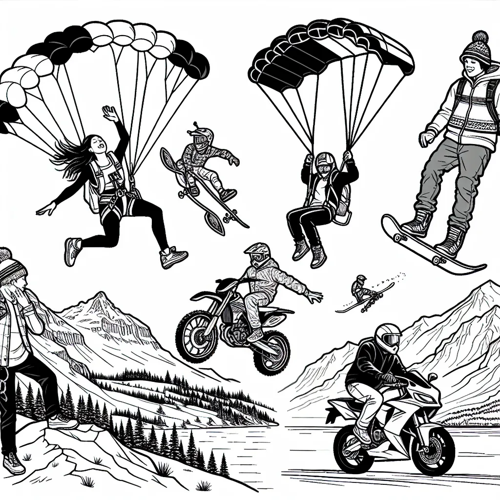 Un athlète s'élance depuis une montagne élevée avec son parachute sur le dos, à côté d'elle une planchiste fait une figure complexe en haute mer, tandis qu'un motard fait du freestyle sur un terrain accidenté. De l'autre côté, une grimpeuse escalade une falaise abrupte et un snowboardeur descend une pente enneigée à toute vitesse. Tous ces sports extrêmes sont capturés dans une même image, dans une scène palpitante, attendant d'être colorée.