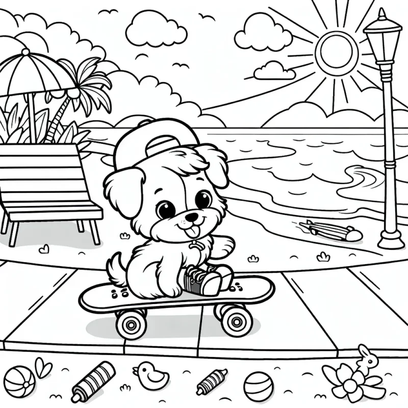 Un jeune chien qui fait du skateboard sur la promenade de la plage