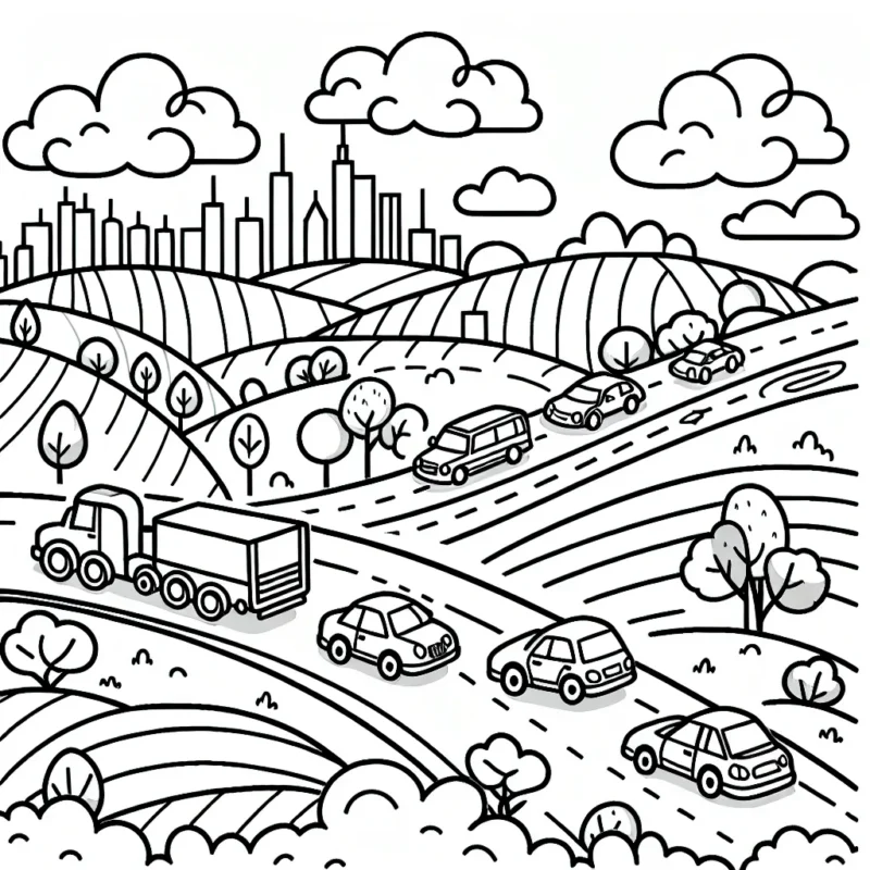 Une scène animée avec différentes types de voitures sur une route sinueuse à travers les collines et une ville lointaine.