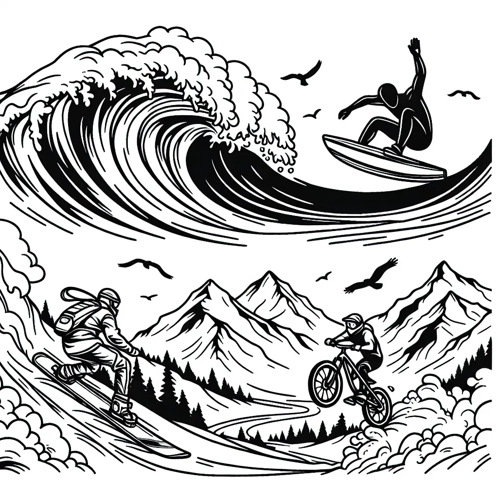 Dessine un surfeur en action sur une vague gigantesque, un snowboardeur descendant une pente enneigée et un vététiste sautant par-dessus un rocher.