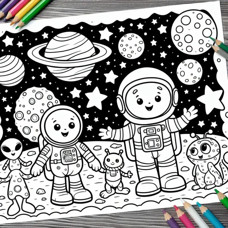 Un astronaute jouant avec une famille d'extraterrestres sur la lune, entouré d'étoiles et de planètes colorées.