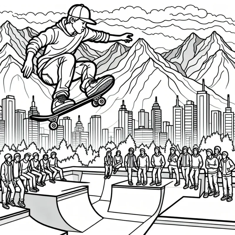Imagine une scène où un skateur professionnel exécute une figure spectaculaire dans un skatepark urbain, avec des montagnes en arrière-plan. Ajoute quelques spectateurs émerveillés par son talent.