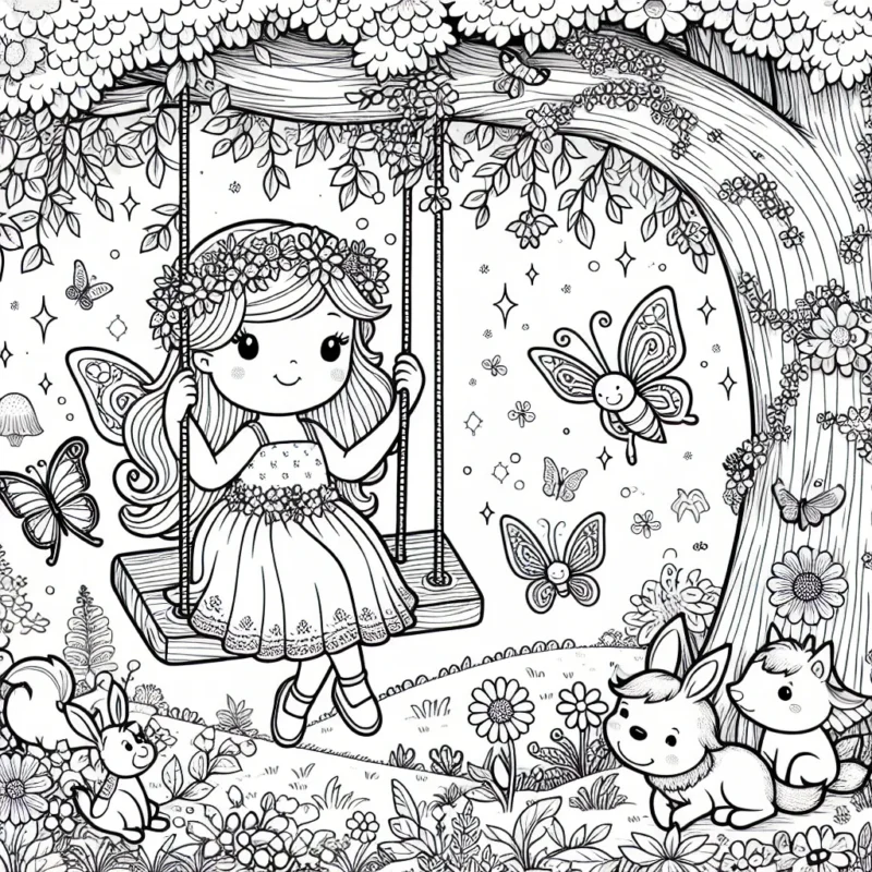 Une petite princesse joue tranquille dans son jardin secret, accompagnée de ses fidèles amis animaux. Elle se balance nonchalamment sur une balançoire accrochée à un vieil arbre magique. Autour d'elle, l'ensemble du royaume des fées est à colorier: les belles fleurs, les arbres luxuriants, les papillons enchanteurs et bien plus encore.