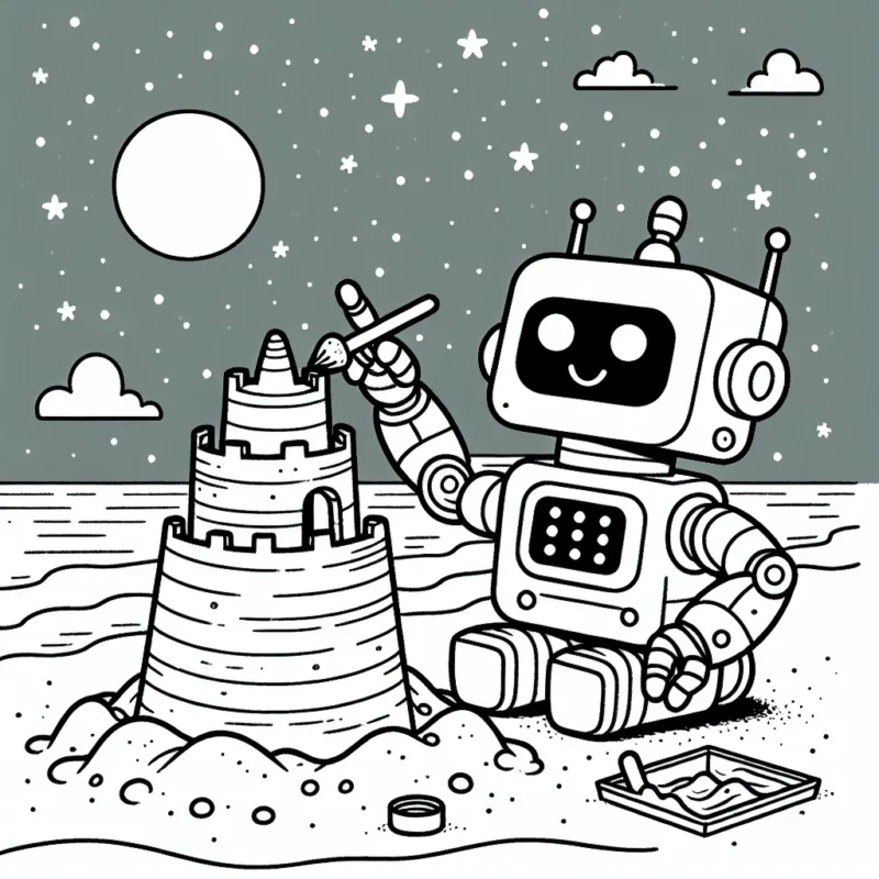 Un robot amical construisant un château de sable géant sur une plage étoilée.
