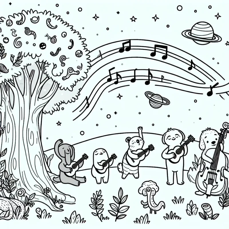 Sur une petite planète éloignée, un groupe d'animaux mélomanes joue de la musique sous l'arbre enchanté