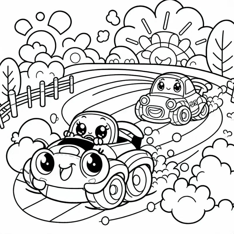 Dessine une scène amusante d'une course de voitures de dessins animés avec de jolis personnages.