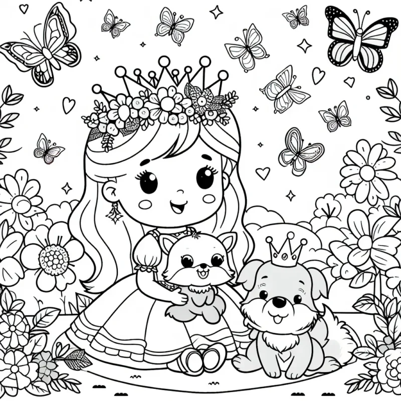 Dessine une princesse qui joue avec ses animaux dans un jardin magique plein de fleurs et de papillons colorés.