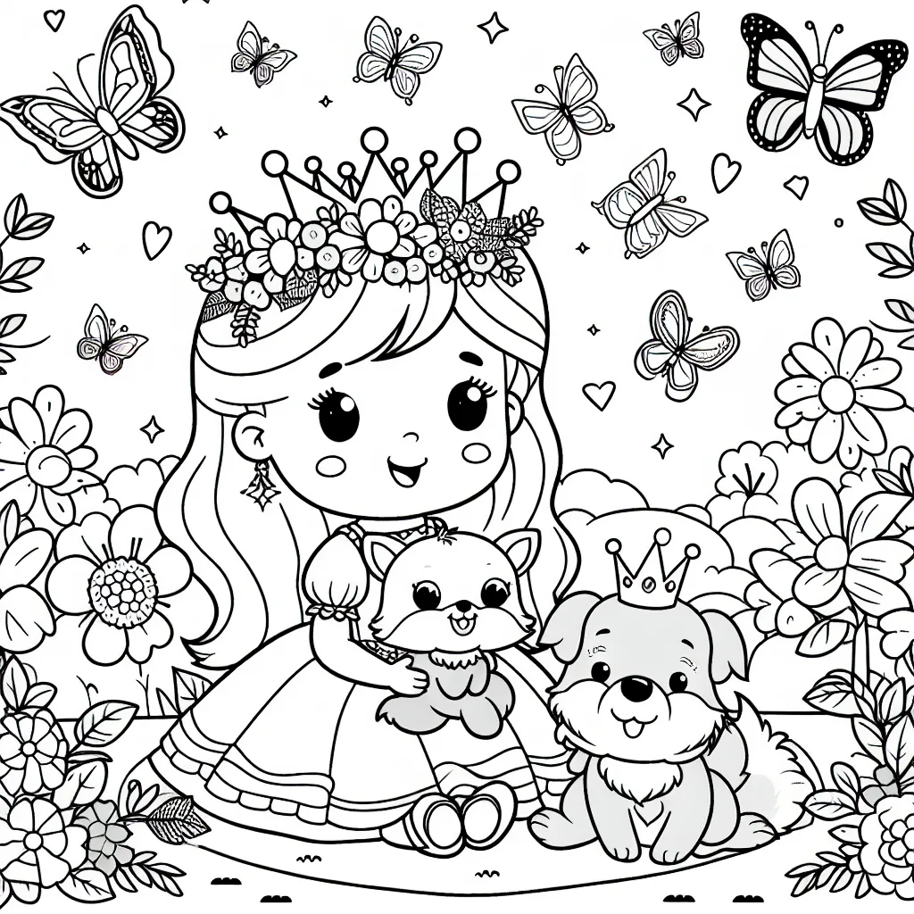 Dessine une princesse qui joue avec ses animaux dans un jardin magique plein de fleurs et de papillons colorés.