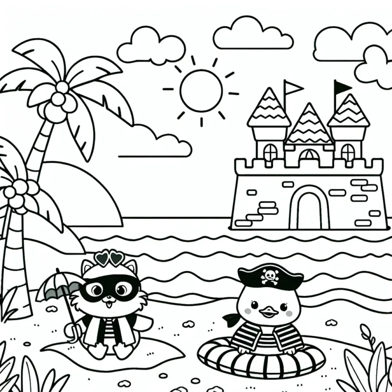 Un château de sable au bord de la mer avec des palmiers, un canard dans un costume de super-héros et un petit chat en chapeau de pirate