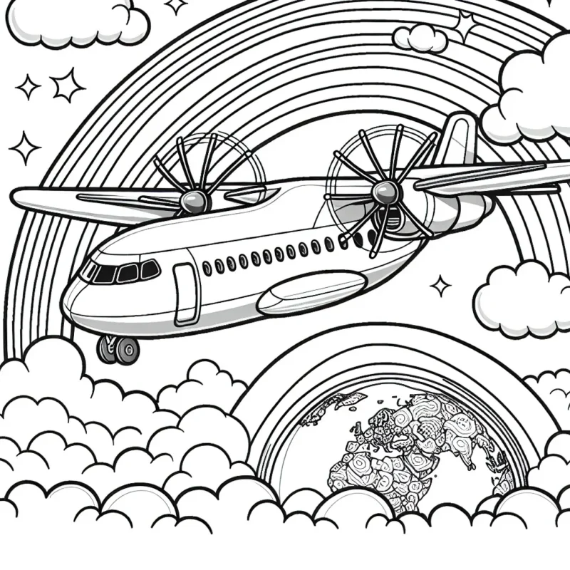 Imagine un super avion dans le ciel, volant haut dans le nuage. Sur l'avion, il y a des hélices qui tournent à toute vitesse et des fenêtres où l'on peut voir les passagers. Tu peux aussi ajouter un arc-en-ciel derrière l'avion, et tout en bas, tu peux dessiner la terre vu du ciel. N'oublie pas de bien détailler les roues de l'avion et les ailes. Pour le finir, tu peux aussi dessiner le pilote avec son uniforme dans le cockpit.