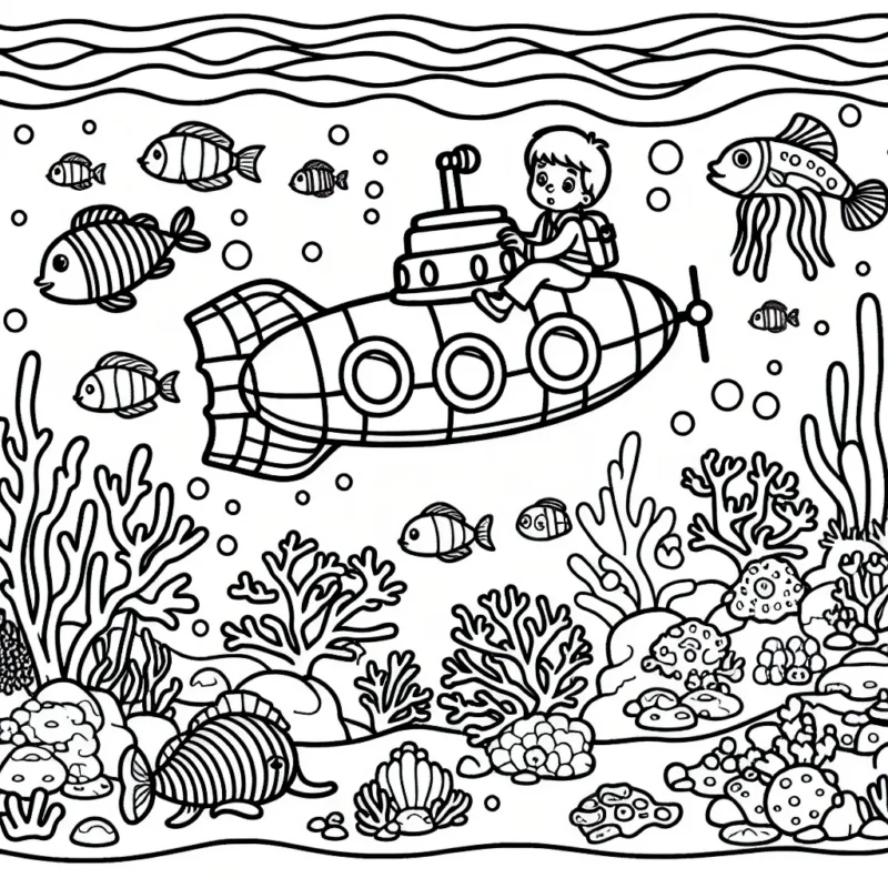 Dessine une scène d'aventure sous-marine avec un petit garçon courageux qui explore les profondeurs océaniques à bord de son sous-marin jaune. Il y a des poissons colorés, des coraux magnifiques, un trésor caché et une mystérieuse créature marine à ajouter à ce tableau.