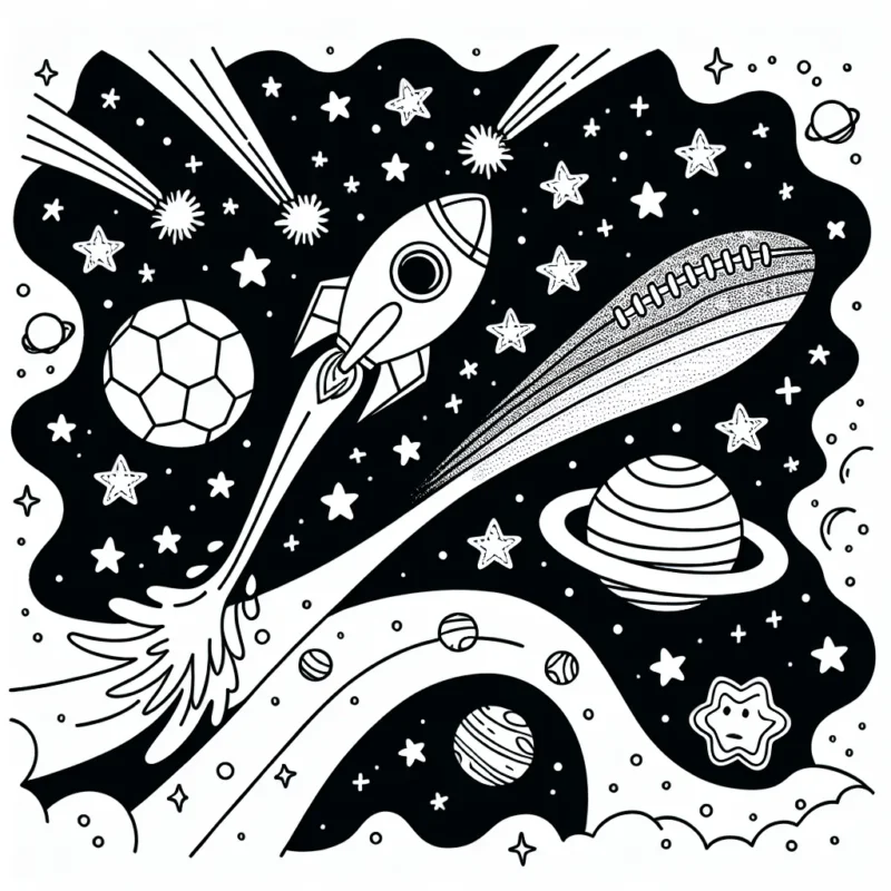 Dans le mystérieux univers de l'espace, dessinez un vaisseau spatial à grande vitesse se dirigeant vers une planète en forme de ballon de football, entourée de comètes. Imaginez également des étoiles filantes avec des queues arc-en-ciel dans le fond pour ajouter une touche de couleur vibrante!