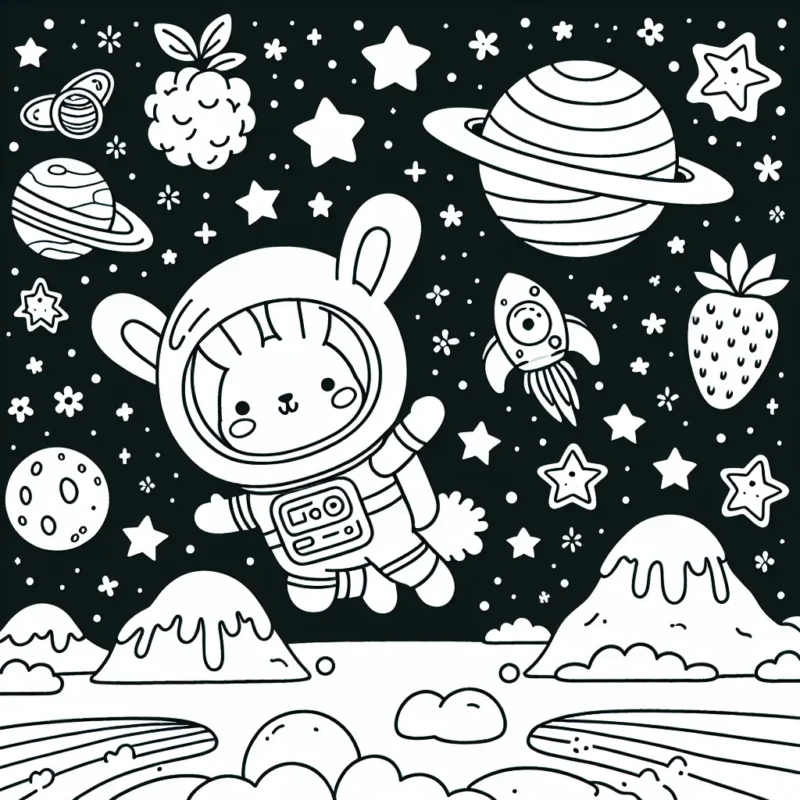 Un lapin astronaute sautant entre des planètes de glaces et des étoiles fruitées dans l'univers tout en évitant des météores arc-en-ciel.
