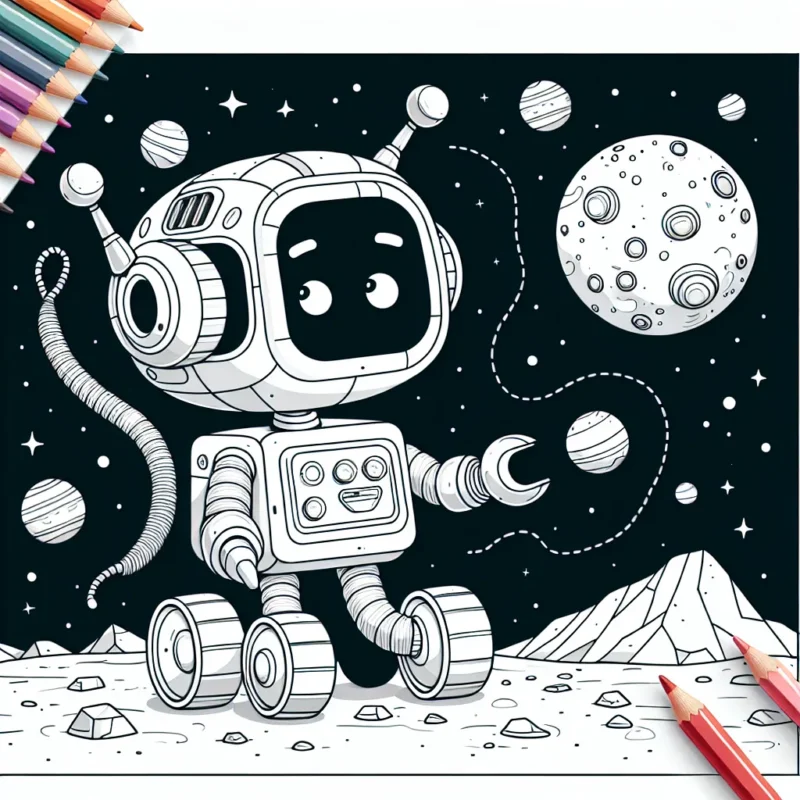 Dans votre esprit d'artiste en herbe, imaginez un amusant robot d'exploration spatiale nommé Sparks, explorant la mystérieuse planète Mars rouge. Que voyez-vous sur sa surface ? Quels sont les détails uniques de Sparks ? Dessinez et colorez à votre guise !