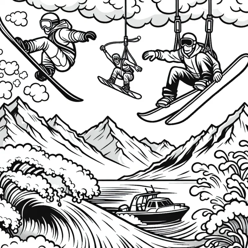 Imagine des athlètes audacieux faisant du snowboard dans les montagnes, du surf sur des vagues géantes et du saut à l'élastique depuis un pont. Arrange les en une scène dynamique et haute en couleur.