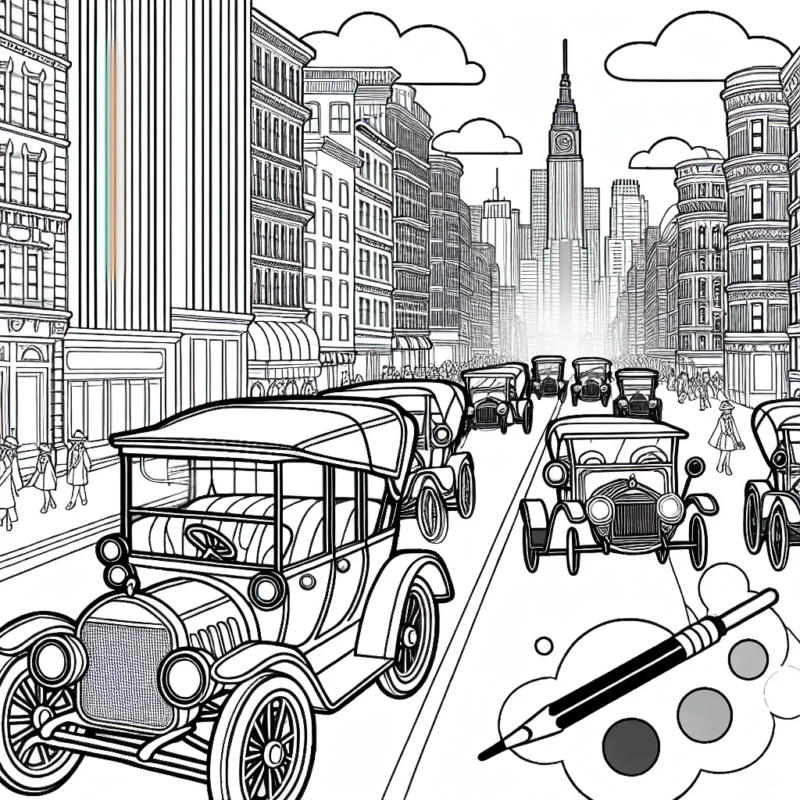 Un cortège de voitures vintage se frayant un chemin à travers une ville animée