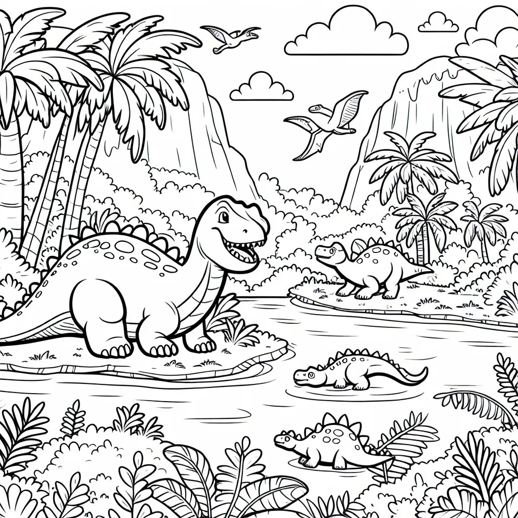 Une scène de la vie préhistorique avec des dinosaures dans un paysage luxuriant