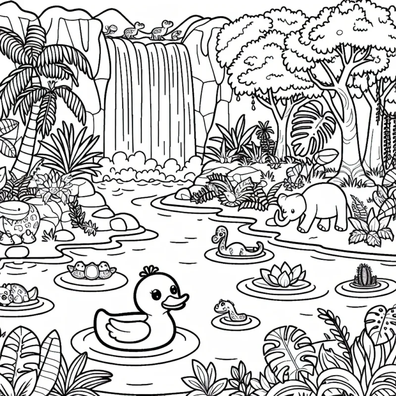Un petit canard en caoutchouc navigue dans une grande mare de la jungle, entouré par une abondance de plantes exotiques, d'animaux curieux et de la majestueuse chute d'eau.