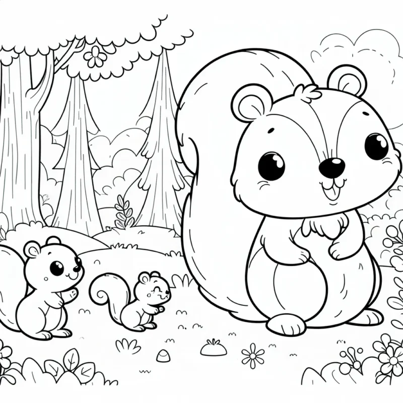 Un petit écureuil jouant avec ses amis dans une forêt enchantée