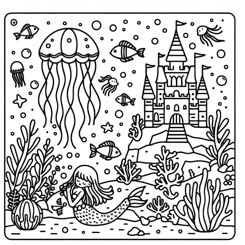 Un monde féérique sous la mer avec des poissons colorés, un château de coraux et une sirène jouant avec une méduse