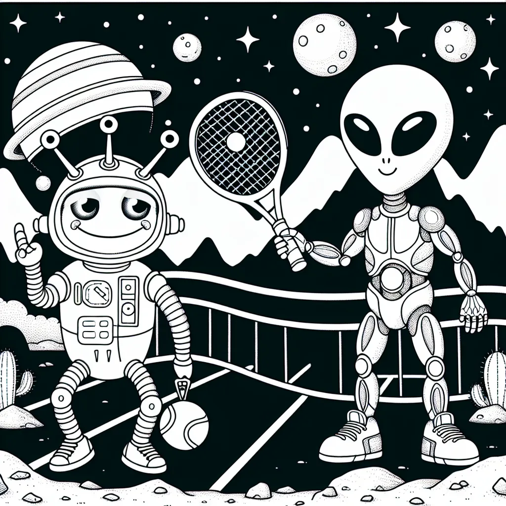 Coloriez un Alien amicale qui joue au tennis avec un robot fantastic sur la planète Mars.