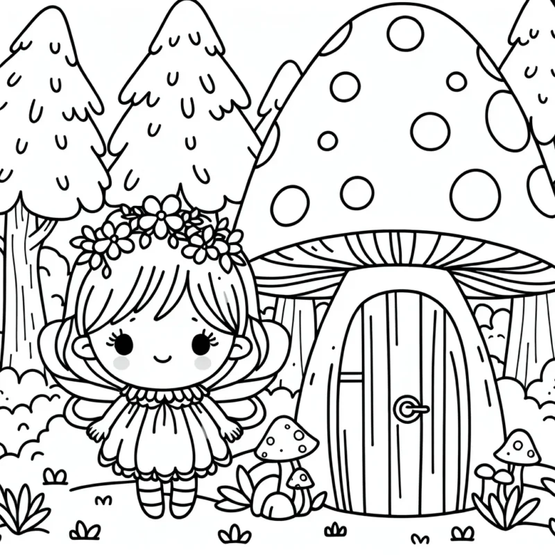 Une petite fée à l'extérieur de sa maison champignon dans une forêt enchantée